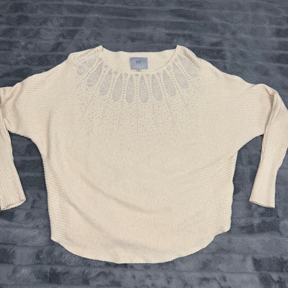 LIV Milano Cream Ribbed Rhinestone Embellished Dolman Sleeve Sweater Womens Med